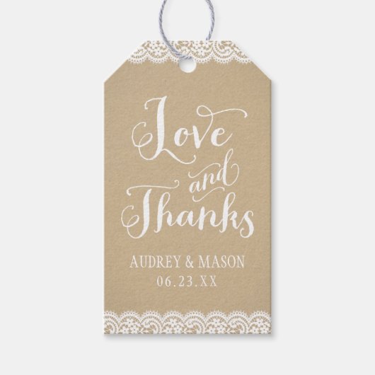 Liefde en Bedankt Rustieke Kraft en Kant Bruiloft Cadeaulabel (Voorkant)