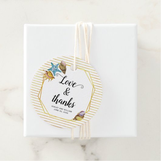 Liefde en bedankt waterverf schelpen strand bruilo bedankjes labels (In situ)