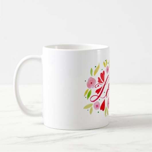 Liefde en bloemen - roze en rood koffiemok (Links)