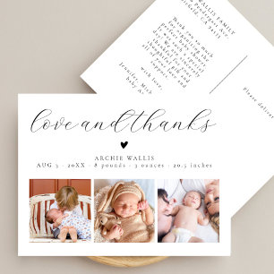 Liefde en Dank 3 Baby Foto Geboorteaankondiging Briefkaart