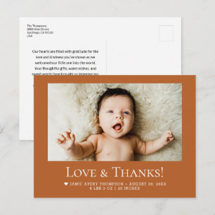 Liefde en Dank Baby Foto Geboorte Stats Terracotta Briefkaart