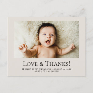 Liefde en Dank Baby Foto Geboorte Stats Zachte Bei Briefkaart