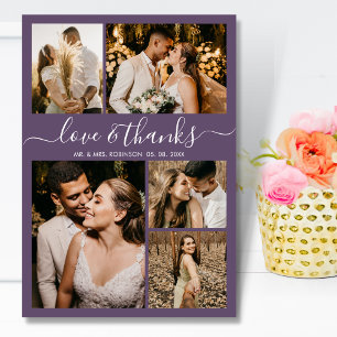 Liefde en Dank Script Paars 5 Foto Bruiloft Bedankkaart