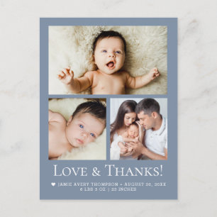 Liefde en Dank stofblauwe Baby Foto aankondiging Briefkaart