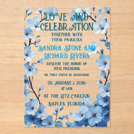 Liefde en feest in Blue Flower lijst Acryl Uitnodigingen