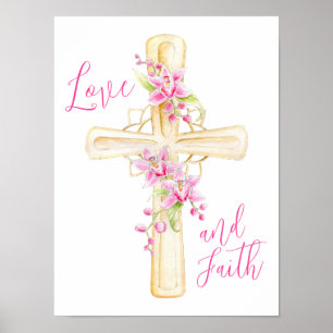 Liefde en geloof bloemenkruis waterverf poster