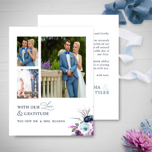Liefde en Gratitude Foto, Paarse en blauwe bruilof Bedankkaart