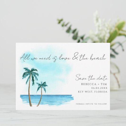 Liefde en het strand Waterverf palm Wedding Save The Date (Staand voorkant)