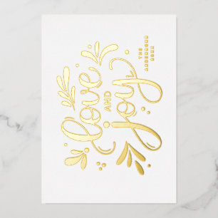 Liefde en Joy. Gold Kerstscript kalligrafie Folie Feestdagenkaart