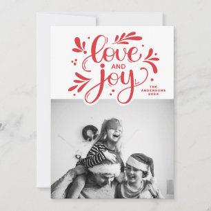 Liefde en Joy. Rood kerstscript kalligrafie Feestdagenkaart