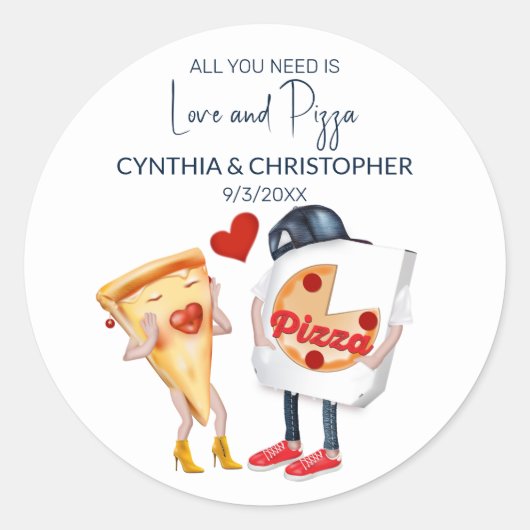Liefde en pizza grappige bruiloft ronde sticker (Voorkant)