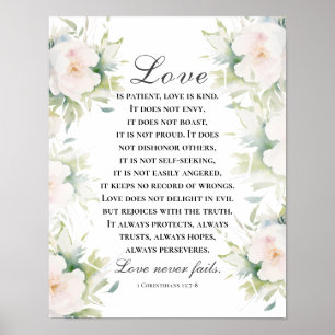 Liefde faalt nooit Bijbelvers Elegant wit bloemetj Poster