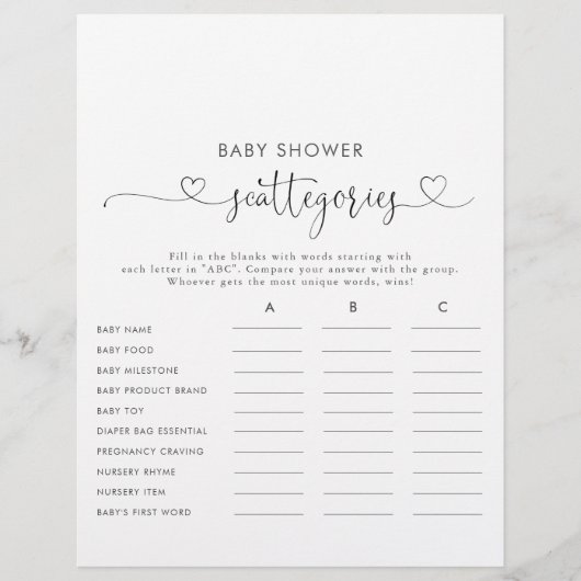Liefde Fancy Script Baby shower Scatories Game (Voorkant)