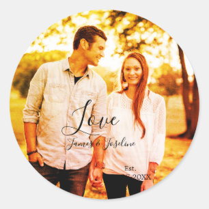 Liefde foto toevoegen naam set. Datum jaar bruilof Ronde Sticker
