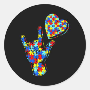 Liefde Gebarentaal Autisme Bewustzijn Puzzel Vrien Ronde Sticker