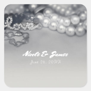 Liefde  Glam Black & White Pearls Wedding Vierkante Sticker