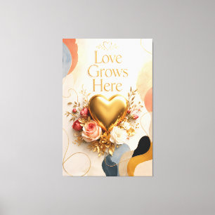 Liefde groeit hier Gouden Hart Bloemschildering op Canvas Afdruk