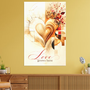 Liefde Groeit Hier – Luxe Gouden Hart Abstracte Fl Canvas Afdruk