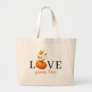 Liefde groeit hier Pompoenlettering herfst Grote Tote Bag