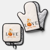Liefde groeit hier | Pompoenlettering herfst Ovenwant & Pannenlap Set (Voorkant / Achterkant)