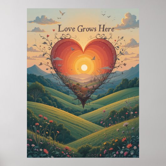 Liefde Groeit Sunset Heart Landscape Art Poster (Voorkant)