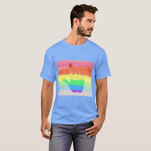Liefde hand in regenboogkleuren op getande regenbo t-shirt (Voorkant volledig)