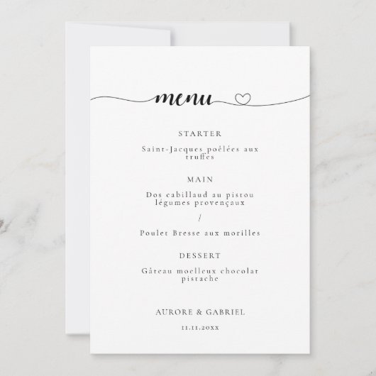 Liefde Hart Modern Zwart-wit Bruiloft Menu Kaart (Voorkant)
