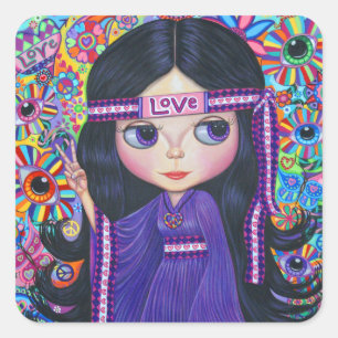 Liefde Hoofdband Hippie Meisje Doll Psychedelic Pa Vierkante Sticker