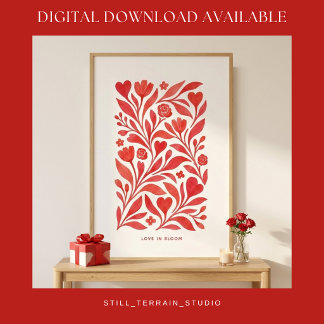 Liefde in Bloei Rood Bloemmotief Valentijnsdag Kun Poster