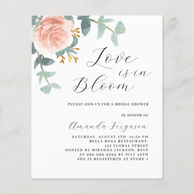 Liefde in bloei roos gouden Bruids Douche uitnodig (Voorkant)