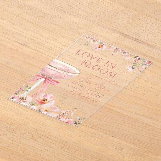 Liefde in Bloom Champagne Roze Boog Vrijgezellenfe Acryl Uitnodigingen (Laagn)
