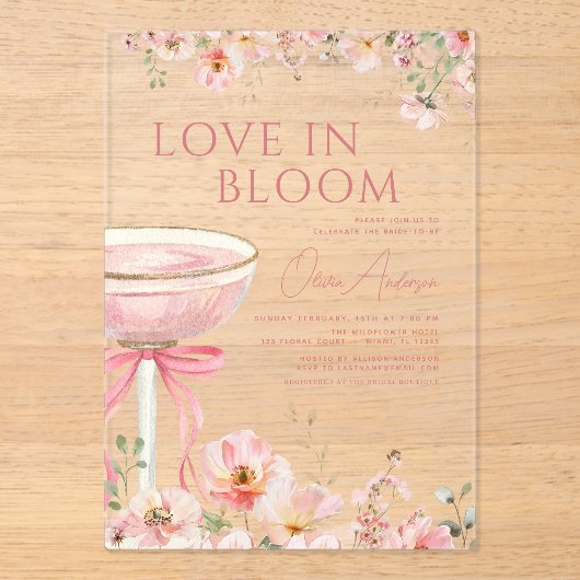 Liefde in Bloom Champagne Roze Boog Vrijgezellenfe Acryl Uitnodigingen (Voorkant)