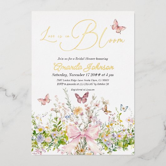 Liefde in Boom Wildflower Pink Bow Vrijgezellenfee Folie Uitnodiging (Voorkant)