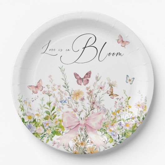 Liefde in Boom Wildflower Pink Bow Vrijgezellenfee Papieren Bordje (Voorkant)