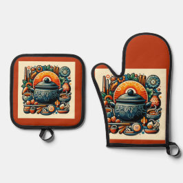 Liefde in de keuken: zilveren gewatteerde ovenwant & pannenlap set