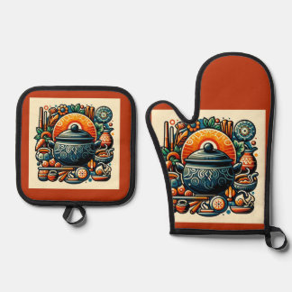 Liefde in de keuken: zilveren gewatteerde ovenwant & pannenlap set