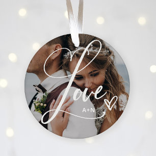 Liefde in Elegant Script Twee foto's met hart Keramisch Ornament