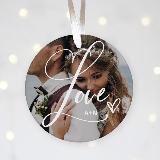 Liefde in Elegant Script | Twee foto's met hart Keramisch Ornament