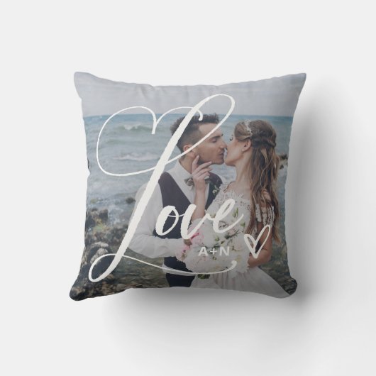 Liefde in elegant script | Twee foto's met hart Kussen (Achterkant)