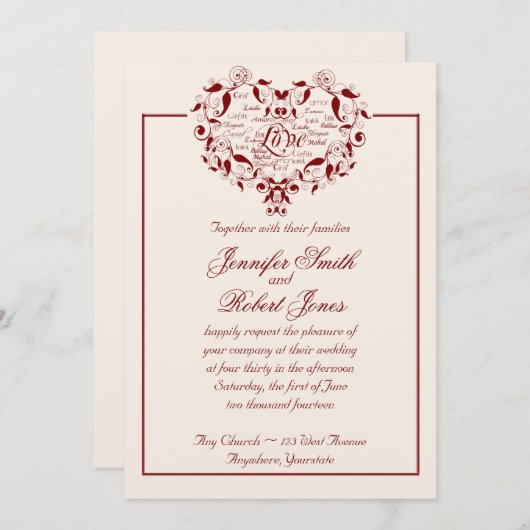 Liefde in elke taal in de uitnodiging tot het rode (Voorkant / Achterkant)