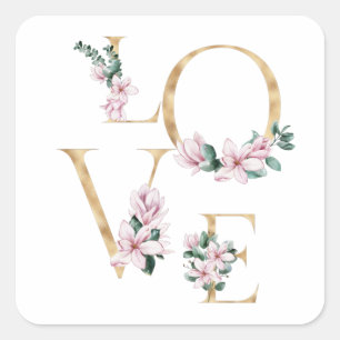 Liefde in gouden letters met magnoliumbloemen vierkante sticker