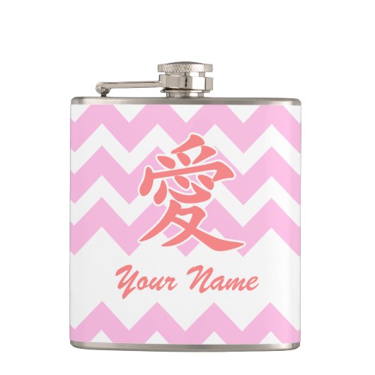 Liefde in het Japans met roze Chevron Patroon Heupfles (Voorkant)