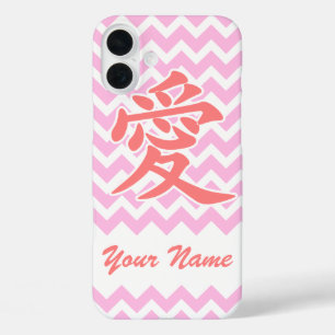 Liefde in het Japans met roze Chevron Pattern iPhone 16 Plus Hoesje