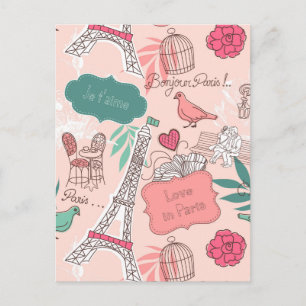 Liefde in Paris Pattern Pink Briefkaart