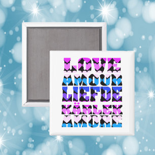 Liefde in vele talen Harten Roze Blauw Paarse Magneet