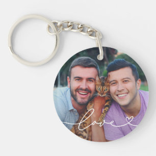 Liefde in witte script met hart aangepaste foto sleutelhanger