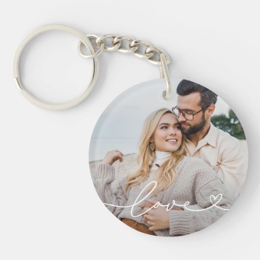 Liefde in witte script met hart aangepaste foto sleutelhanger (Voorkant)