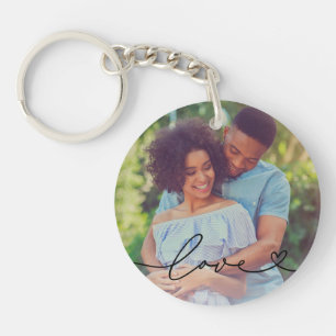 Liefde in zwart schrift met hart aangepaste foto sleutelhanger