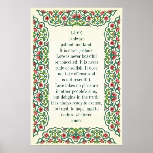 Liefde is altijd geduldig en aardig. Het is nooit Poster (Voorkant)