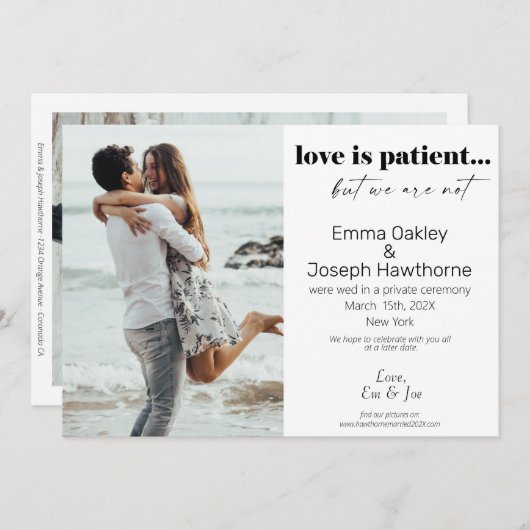 "Liefde is geduldig, maar we zijn niet" Wedding Ph Aankondiging (Voorkant / Achterkant)